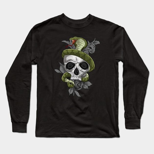 Floral Snake Skull Tattoo Long Sleeve T-Shirt by Trendy Black Sheep